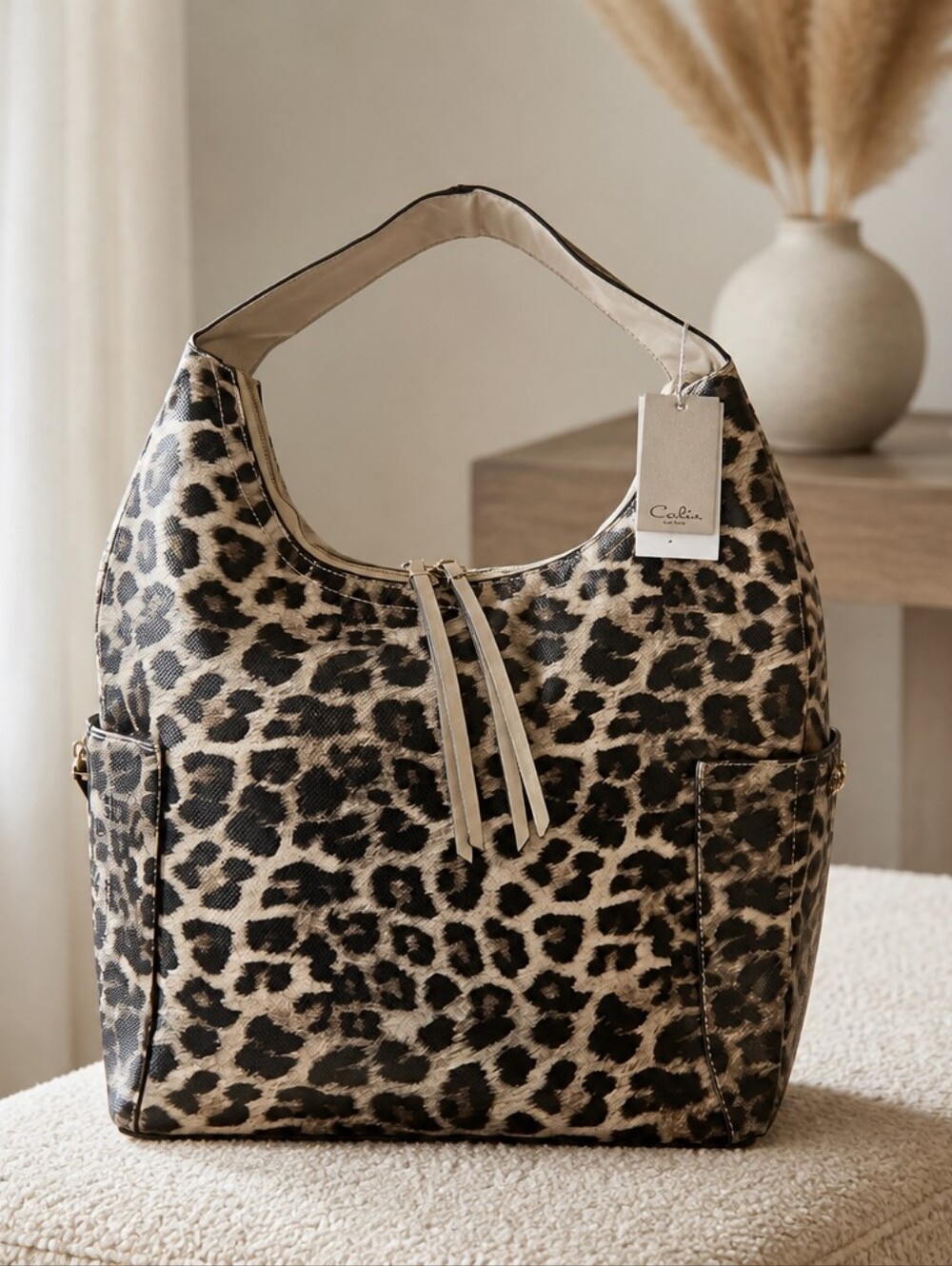 Leopard-Print Hobo Bag in Beige & Black - Vegan